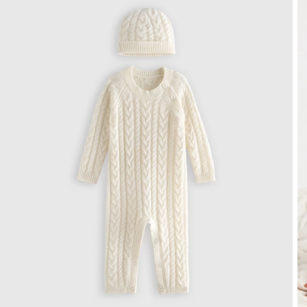 NWT Washable Cashmere Onesie and Hat - ivory cableknit
